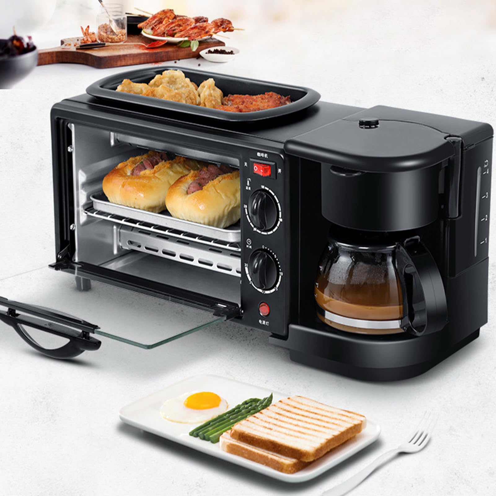 Station de petit-déjeuner, appareil de petit-déjeuner multifonction 1100W avec machine à café et plaque de cuisson, four grille-pain antiadhésif pour œufs, bacon et crêpes, appareil de cuisine