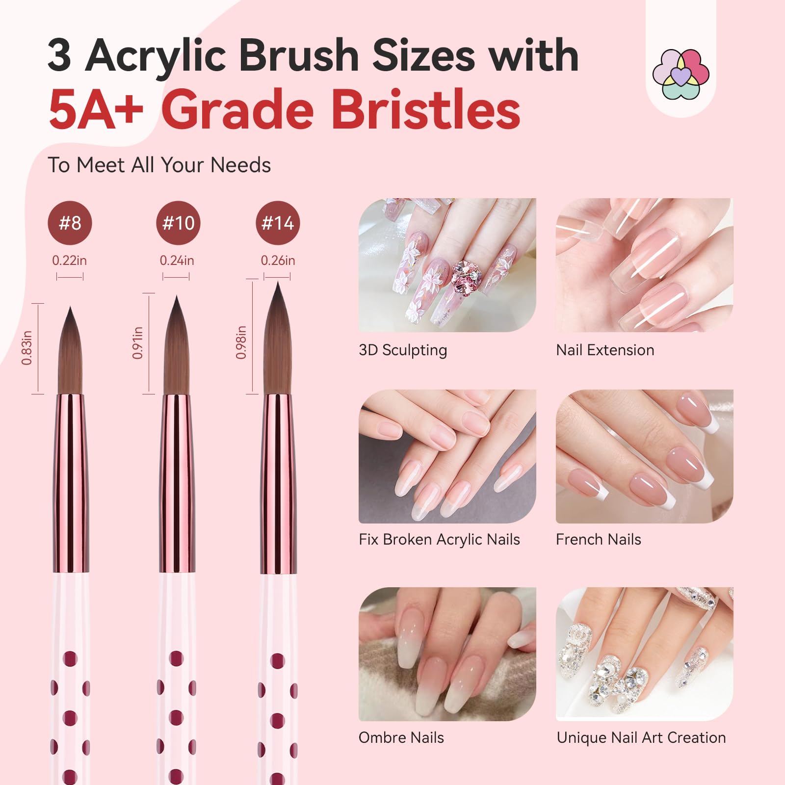 SAVILAND Essentials Acrylic Nail Brush Set 5A+Grade Bristles: 3 PCS Acrylic Brush Size 8/10/14 Nail Brushes for Acrylic Application Red Polka Dot Design for Nail Extension 3D Nail Carving Nail Art - Image 4