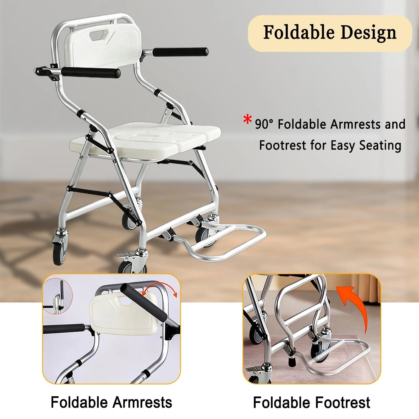 Silla de Ducha con Ruedas, Silla de Baño Ancianos Ducha con Reposabrazos y Respaldo, Taburete de Ducha Plegable para Personas Mayores y Discapacitados, Montaje sin Herramientas