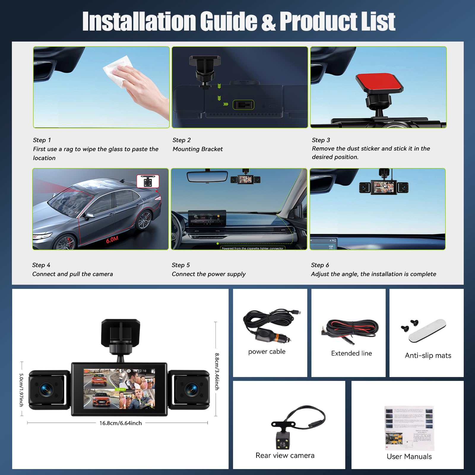 SIXWIN Dash CAM Coche 360° 4 Cámaras, 1080P+3 * 480P, Pantalla IPS 3", Detección de Movimiento, Asistente Marcha Atrás, Grabación en Bucle, Universal para Todos los Coches