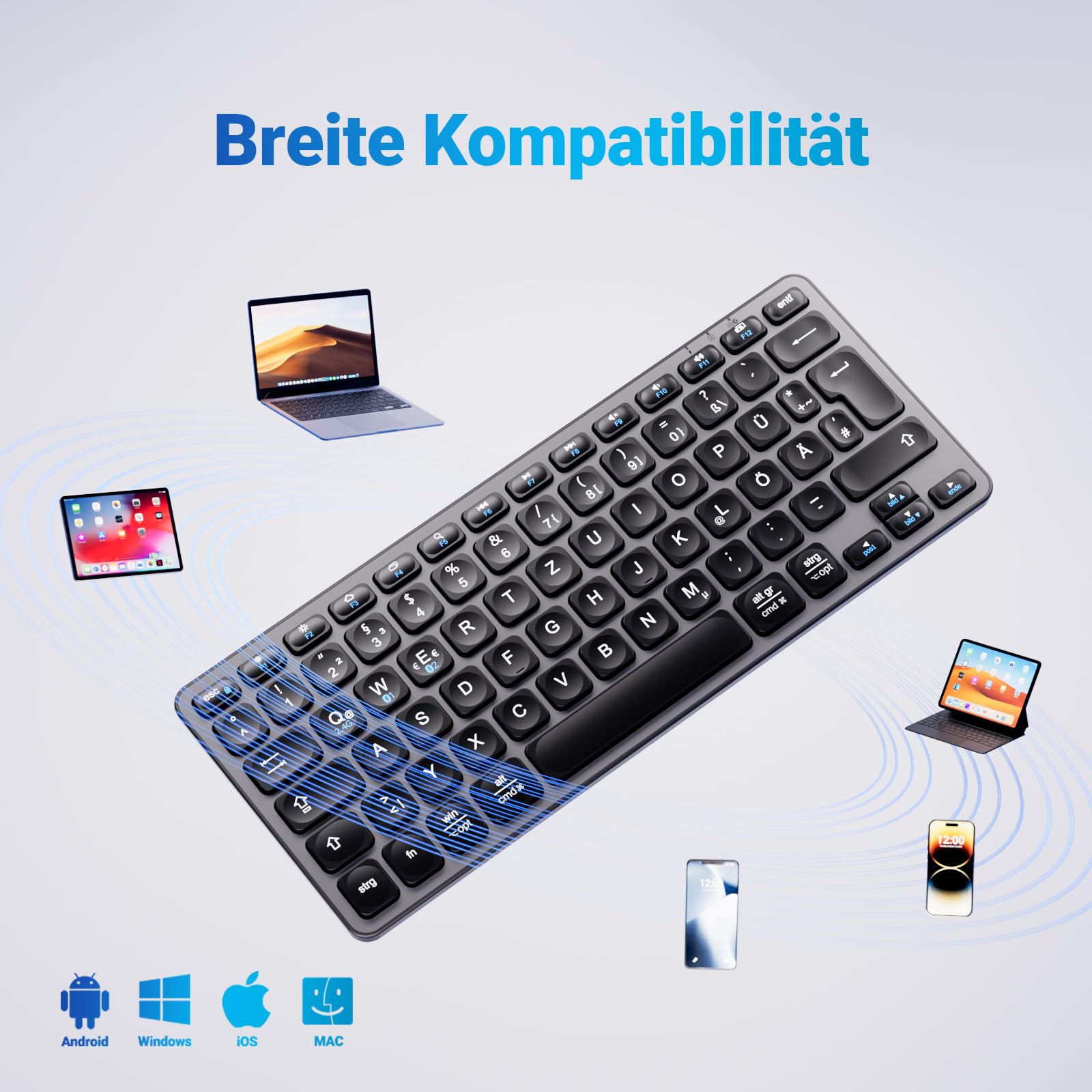 iClever Bluetooth-toetsenbord, draadloos, multi-apparaat, met 3 kanalen, bluetooth, USB-C, oplaadbare batterij, Frans AZERTY, ultradun, voor Apple MacOS, iOS, Android, PC, grijs