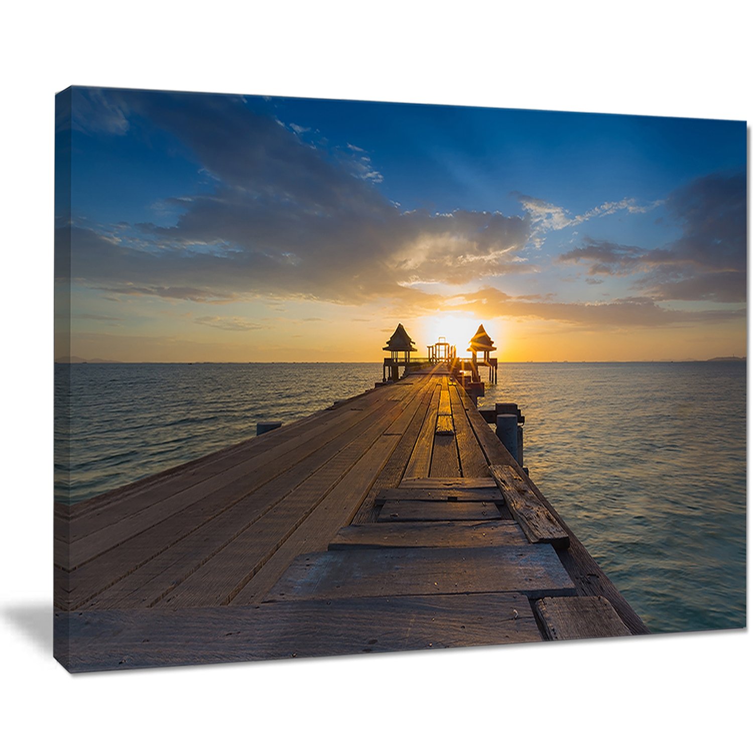 Design Art Huge Wooden Setting Sun-Sea Pier and Bridge Wall Art Canvas-20x12, 20x12
