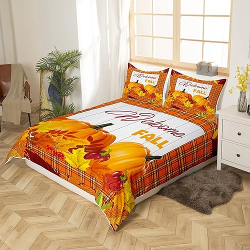 Miniatura 2 de Juego de funda de edredón de calabaza, tamaño Queen, feliz otoño, día de Acción de Gracias, temporada de cosecha, funda de edredón para niños,