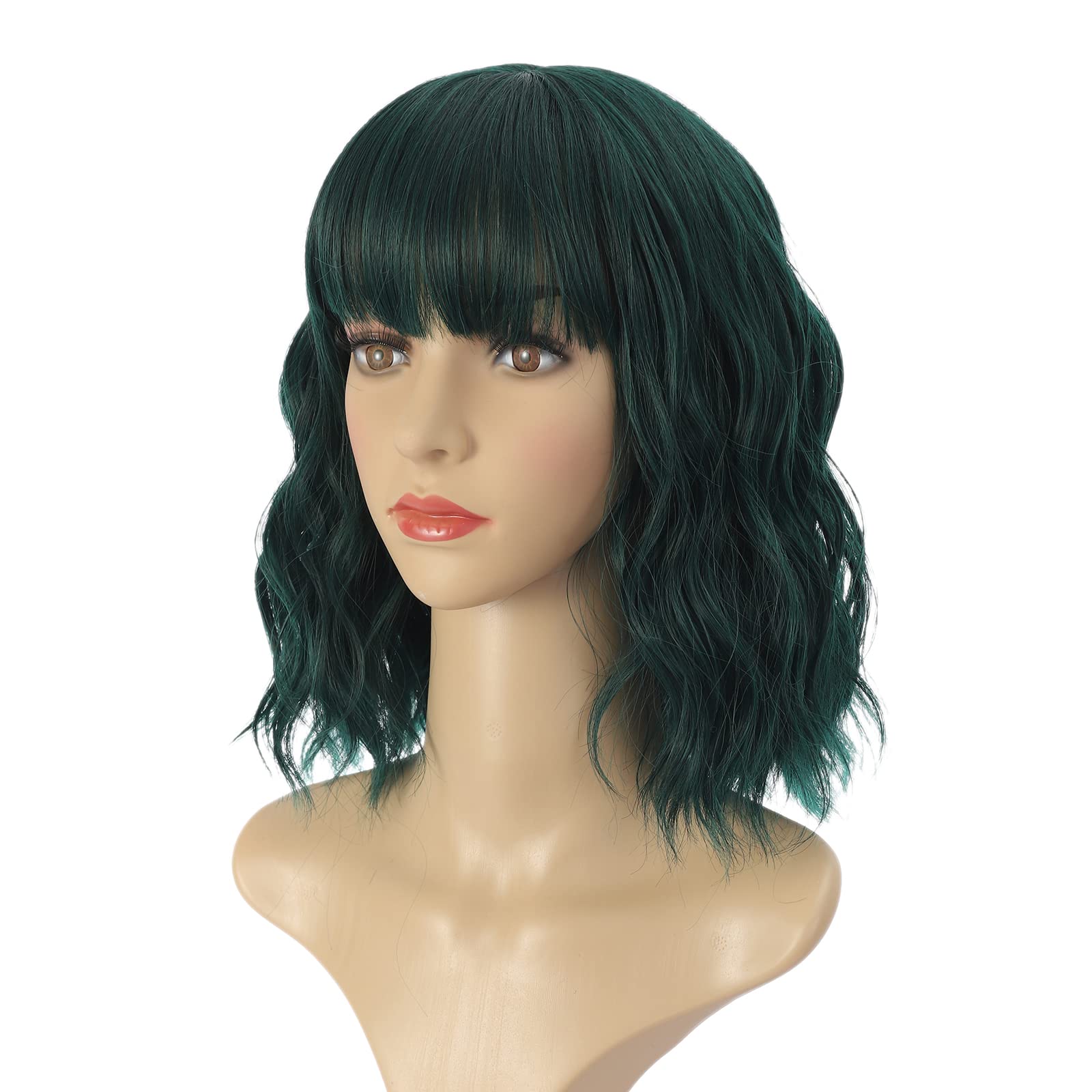 Themis Hair Short Wigs With Bangs Colored Green Wavy Bob Wig Synthetic Curly Cosplay Wigs For Women(12inch, Green)