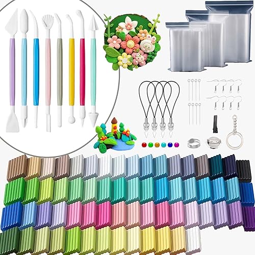 Juego de arcilla polimérica de secado al aire, 64 colores con 11 herramientas de escultura, 100 bolsas de almacenamiento, molde de silicona,