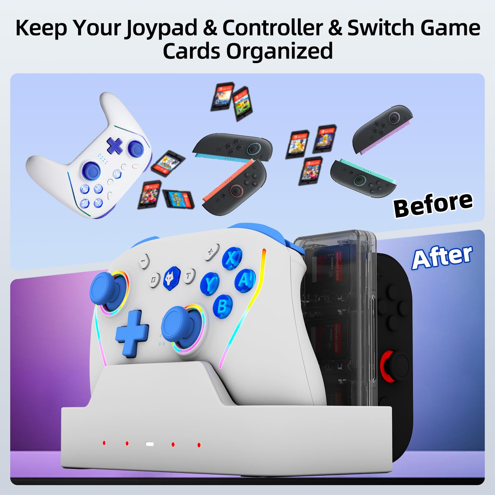 NBCP W2 Wireless Controller and Charging Dock Bundle for Nintendo Switch 2,5-in-1 Magnetic Fast Charger Station with 18 Game Card Storage,RGB Light,Customizable Turbo & Macro Gaming Remote — view 3