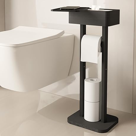 4-in-1 Black Toilet Paper Holder Stand with Storage Shelf Box