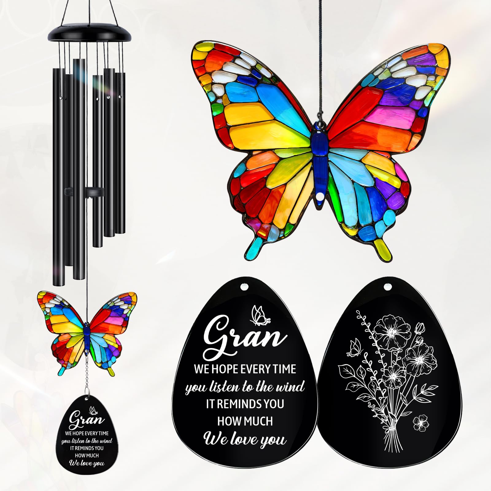 Gran Gifts, Gran Birthday Gifts from Grandchildren, Gifts for Gran on Birthday Christmas Mothers Day, Heartful Present for Gran-29.9'' Butterfly Sun Catcher Wind Chimes for Home Decor