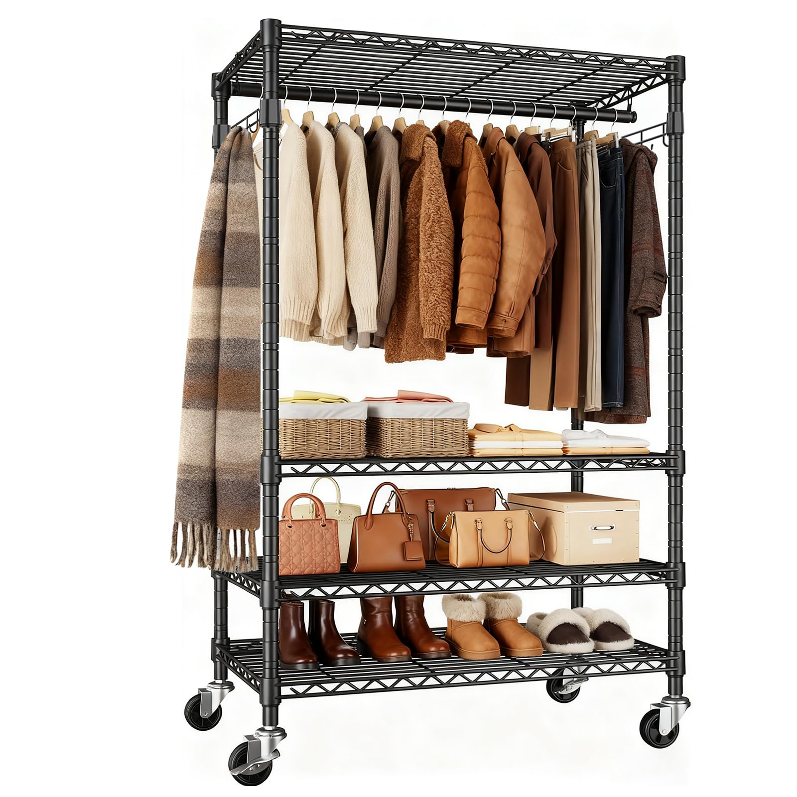 LIROPAU Heavy Duty Clothes Rail, 4 Tiers Black Metal Rack With Lockable Castors & Side Hooks, 400 lbs Capacity Metal Garment Rack for Bedroom,Office,Shop - 90 D x 43.5 W x 180 H