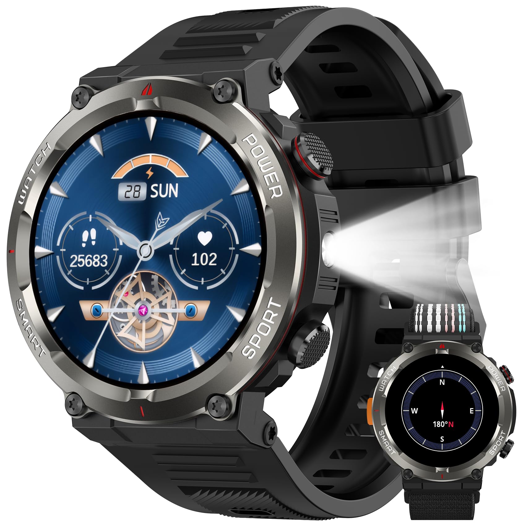 Smartwatch Herren Outdoor, IP68 Wasserdicht, 960mAh-100 Tage, 1,45" Display | Sportuhr mit LED-Taschenlampe, Bluetooth Anruf, Herzfrequenz / Schlafmonitor, Kompass & 100+ Sportmodi für iOS / Android