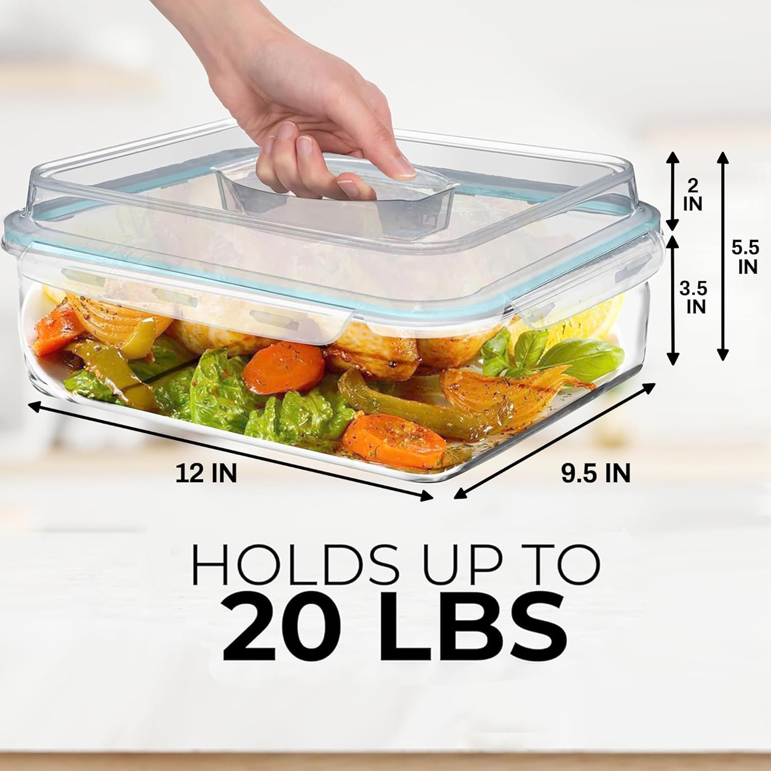 Frischhaltedose aus Glas mit luftdichtem Verschlussdeckel, 4800 ml, ideal zur Aufbewahrung von Lebensmitteln, Gemüse, Obst, Auflaufform, Lasagne, Braten von Truthahn, Huhn, BPA-frei, ofenfest