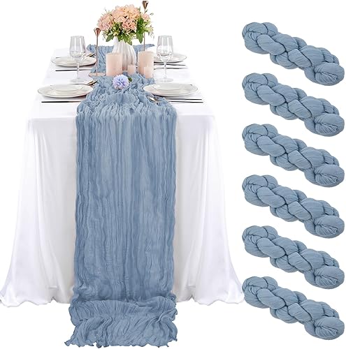 6 piezas de camino de mesa de gasa azul polvoriento de 10 pies, camino de mesa de gasa para boda, recepción, despedida de soltera, fiesta de