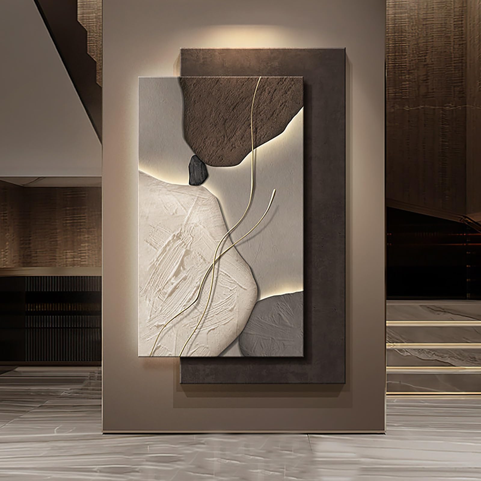 ZCQMSCWW Modern LED Wall Art 3D，Abstract Sandstone Sculpture Natural Texture Stone Vertical Lighted Mural Decor for Living Room Bedroom(B,50 * 70cm/19.6 * 27.5in)