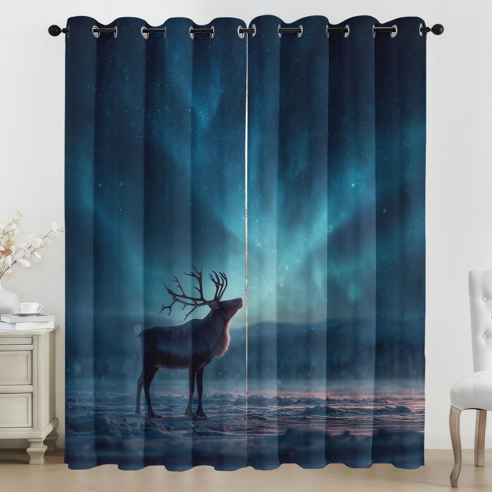 Elk Eyelet Curtains, 3D Blue Aurora Print Blackout Curtains, 2 Panels Room Darkening Thermal Insulated Window Drapes for Living Room Bedroom, 90 x 108 Inch G101z