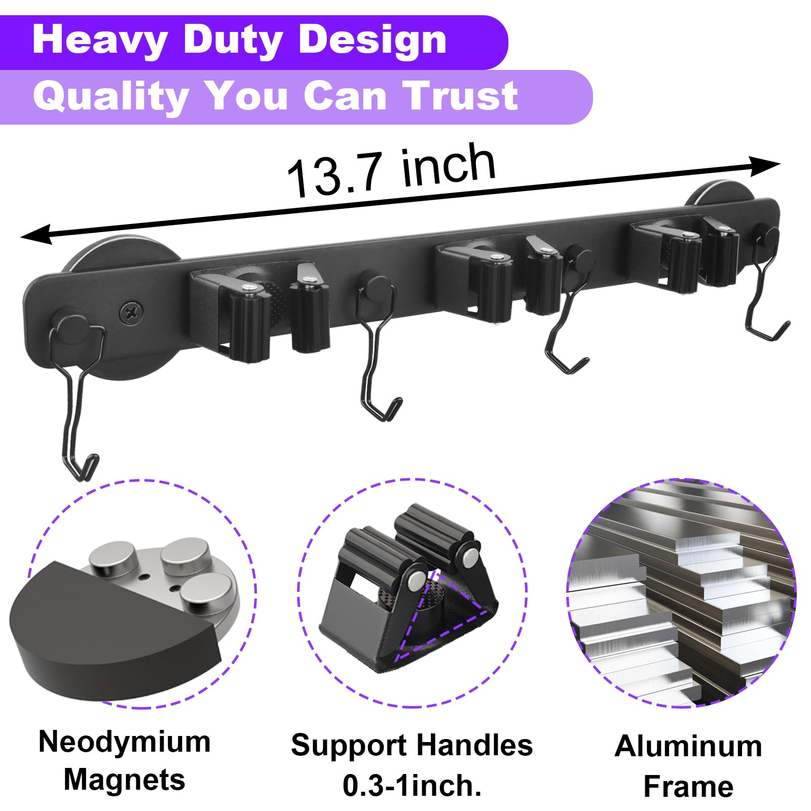 Magnetic Mop Broom Holder Wall Mount, 2pcs Movable Wall Mounted Broom