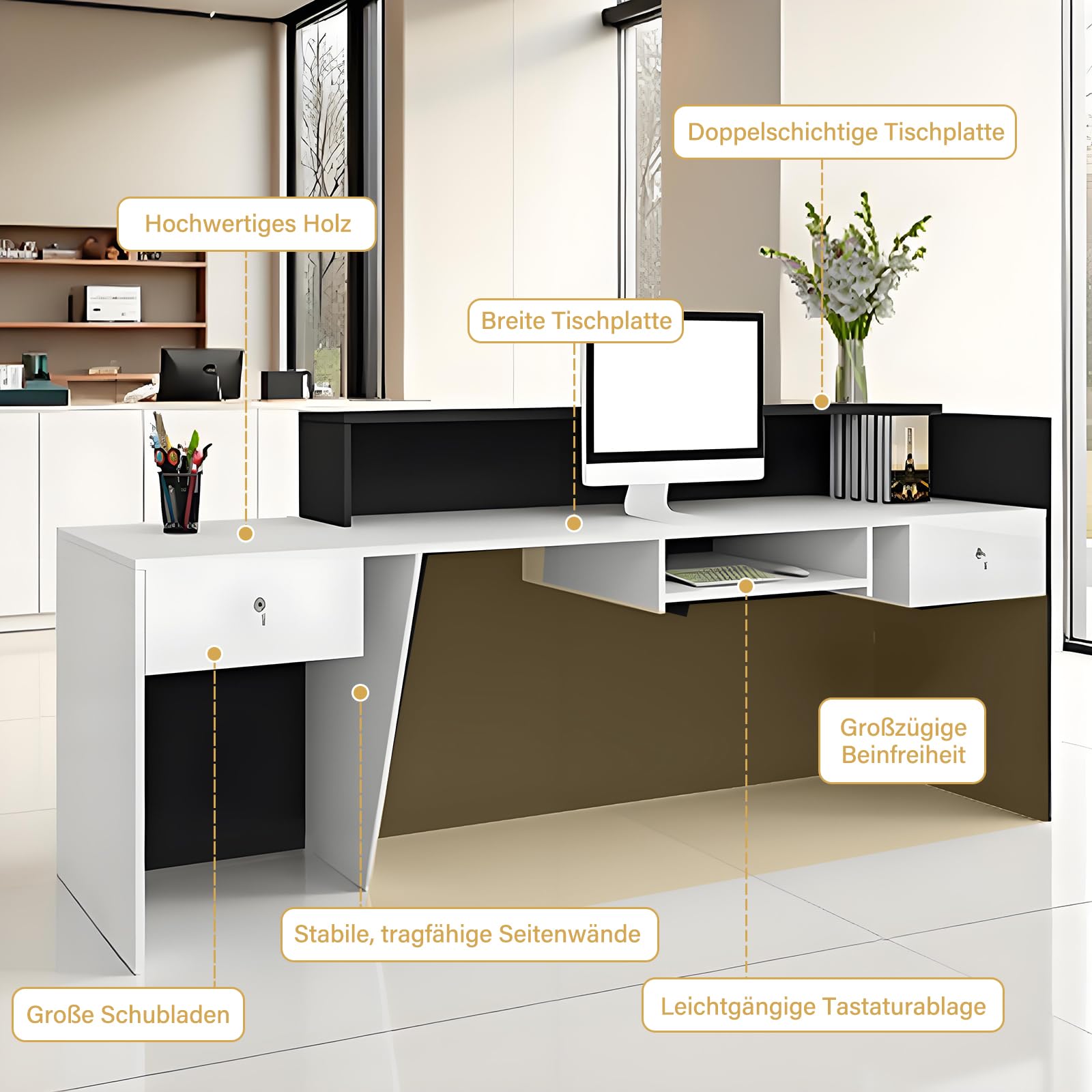 Empfangstheke mit Schublade und offenen Ablagen, Moderne Rezeptionstheke 100–240 cm für Büro, Geschäft, Friseursalon