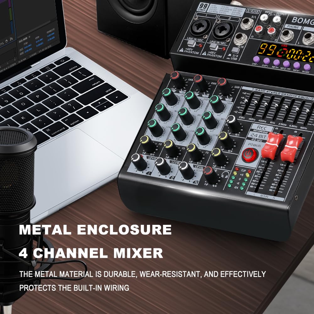 BOMGE Mezclador de audio 04A, consola de mezcla de placa de sonido profesional con USB/Bluetooth/computadora/mezclador de DJ de entrada estéreo de 4 canales, efecto Phantom Digital 99 DSP de 48 V para