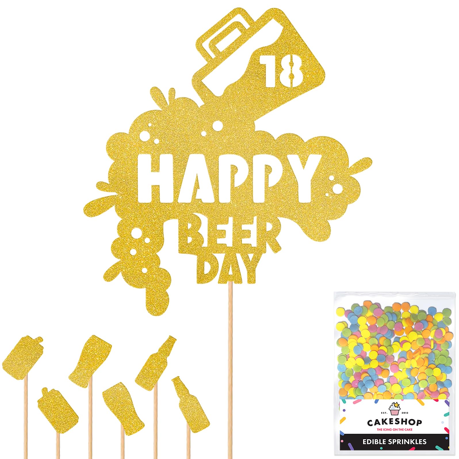 Personalised Happy Beer Day Glitter Cake Topper - Gold Custom Age Glitter Cake Decoration and Sprinkles - Happy Birthday Decorations - Personalised Toppers for Cakes by Cakeshop