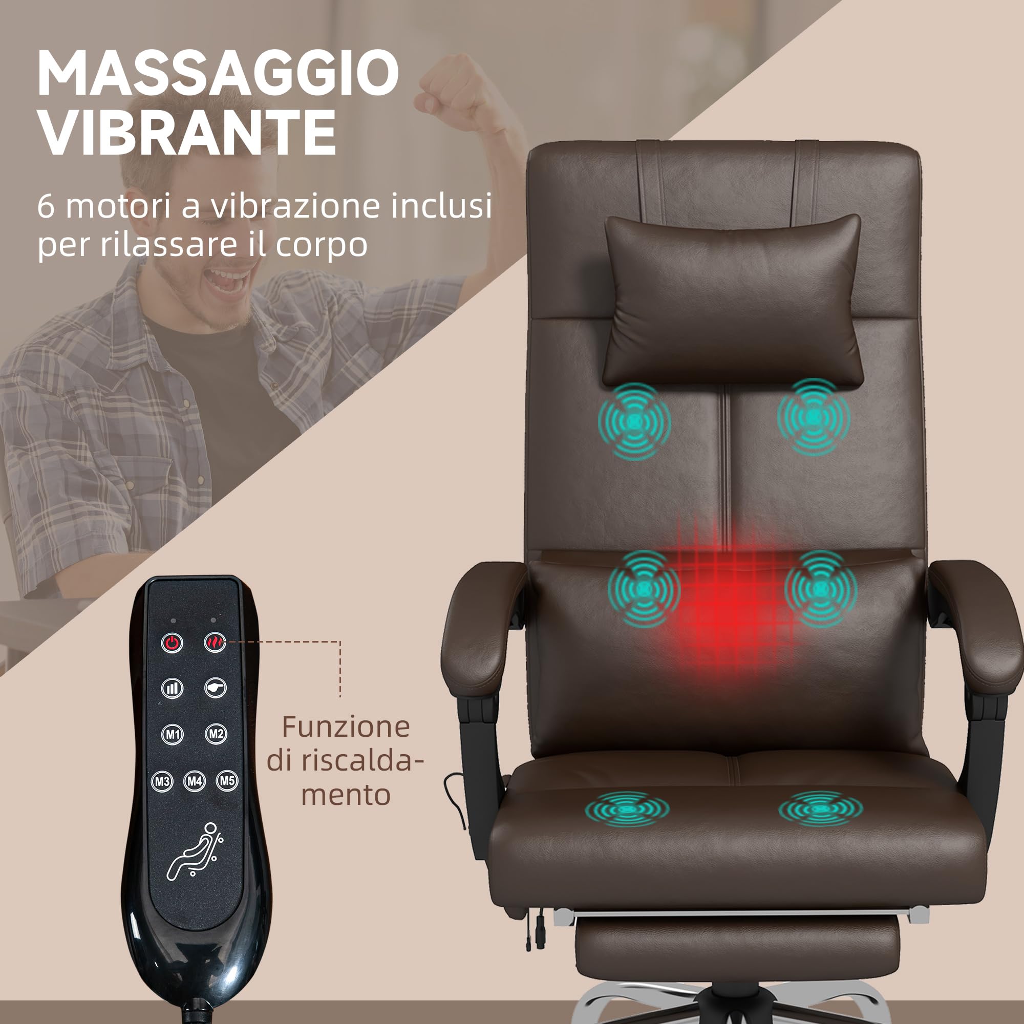 Vinsetto Sedia Massaggiante ad Altezza Regolabile con Poggiapiedi e Telecomando, Sedia da Scrivania in Finta Pelle, 66x67x114-122 cm, Marrone Scuro