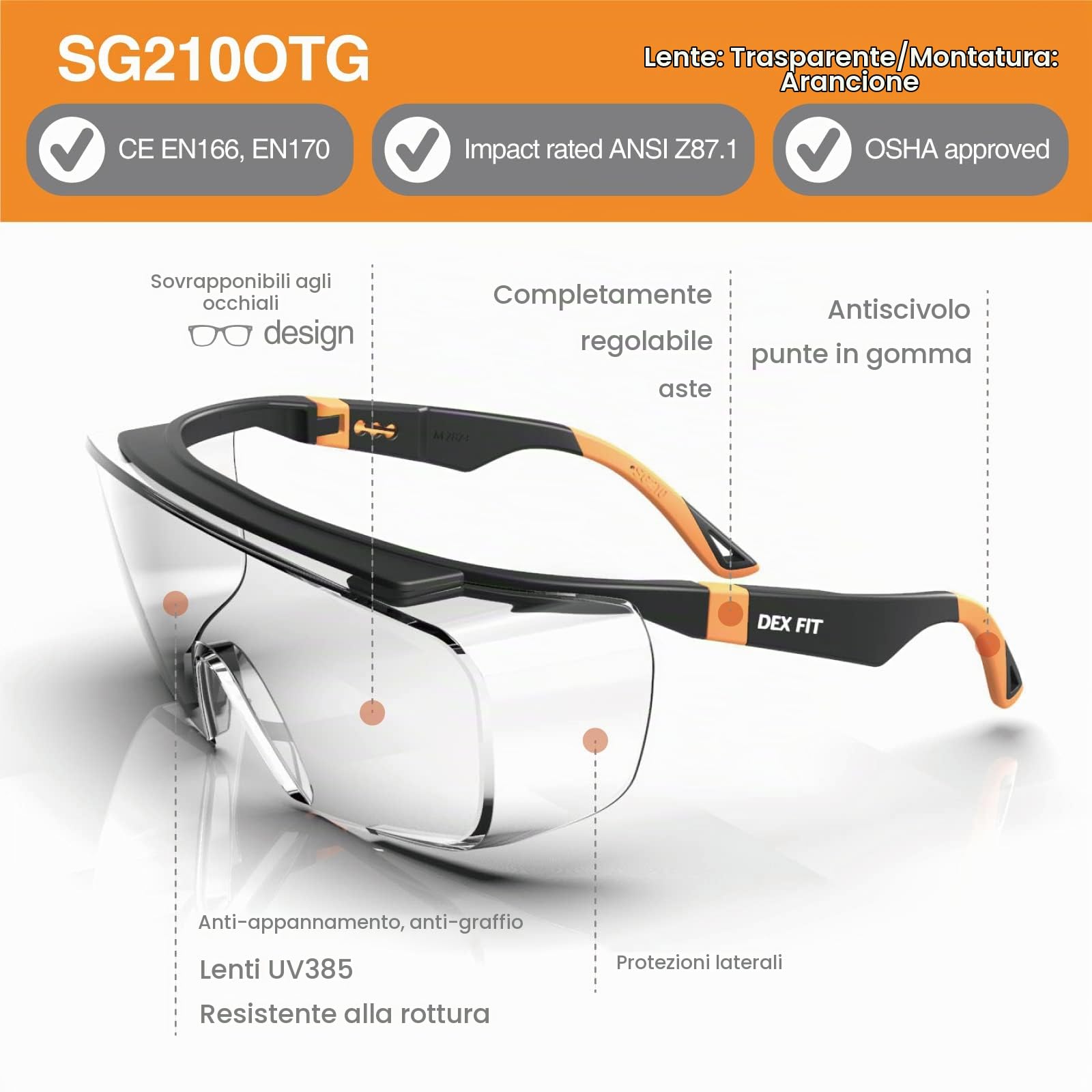 DEX FIT Occhiali SG210 sopra gli occhiali - Anti-appannamento & Anti-graffio Z87.1, Aste regolabili, Protezioni laterali, Protezione UV, Lenti trasparenti, Uomo & Donna; Nero & Arancione, 6 pz