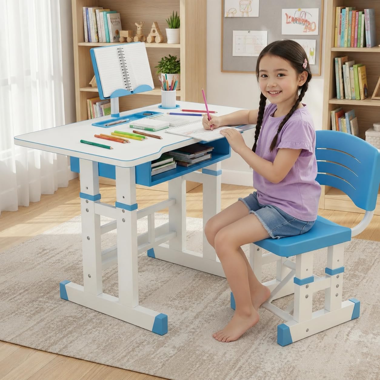 NUCARTURE Kids Study Table with Chair Height Adjustable Computer Table and Chair for Toddlers Children Desk with Storage Cabinet Kindergarten Writing Table (Blue, Study Table)