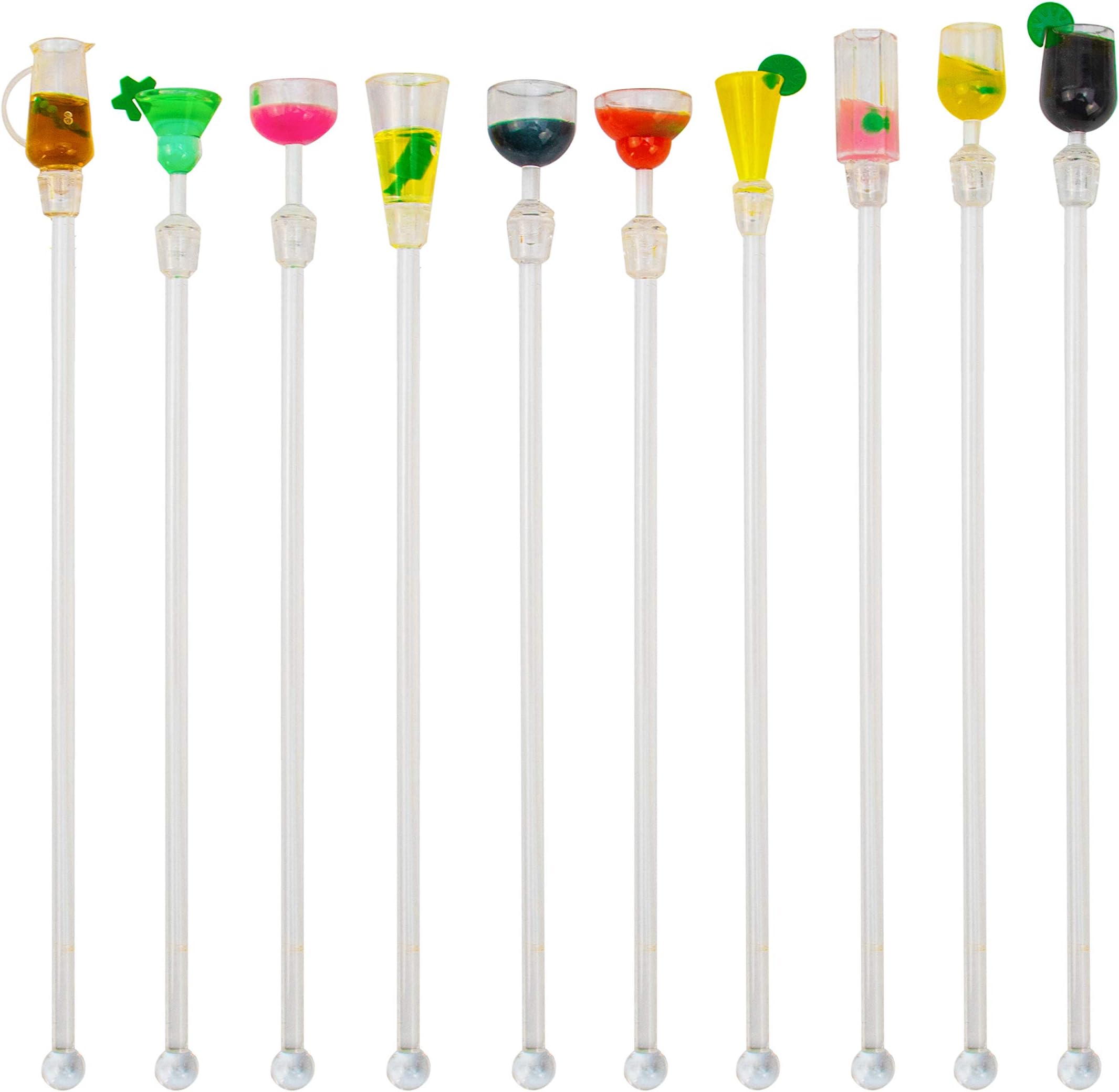 10 Pack Swizzle Sticks Acrylic Colorful Cocktail Drink Stirrer Clear Shafts for Bars Cafes Restaurants Home Use