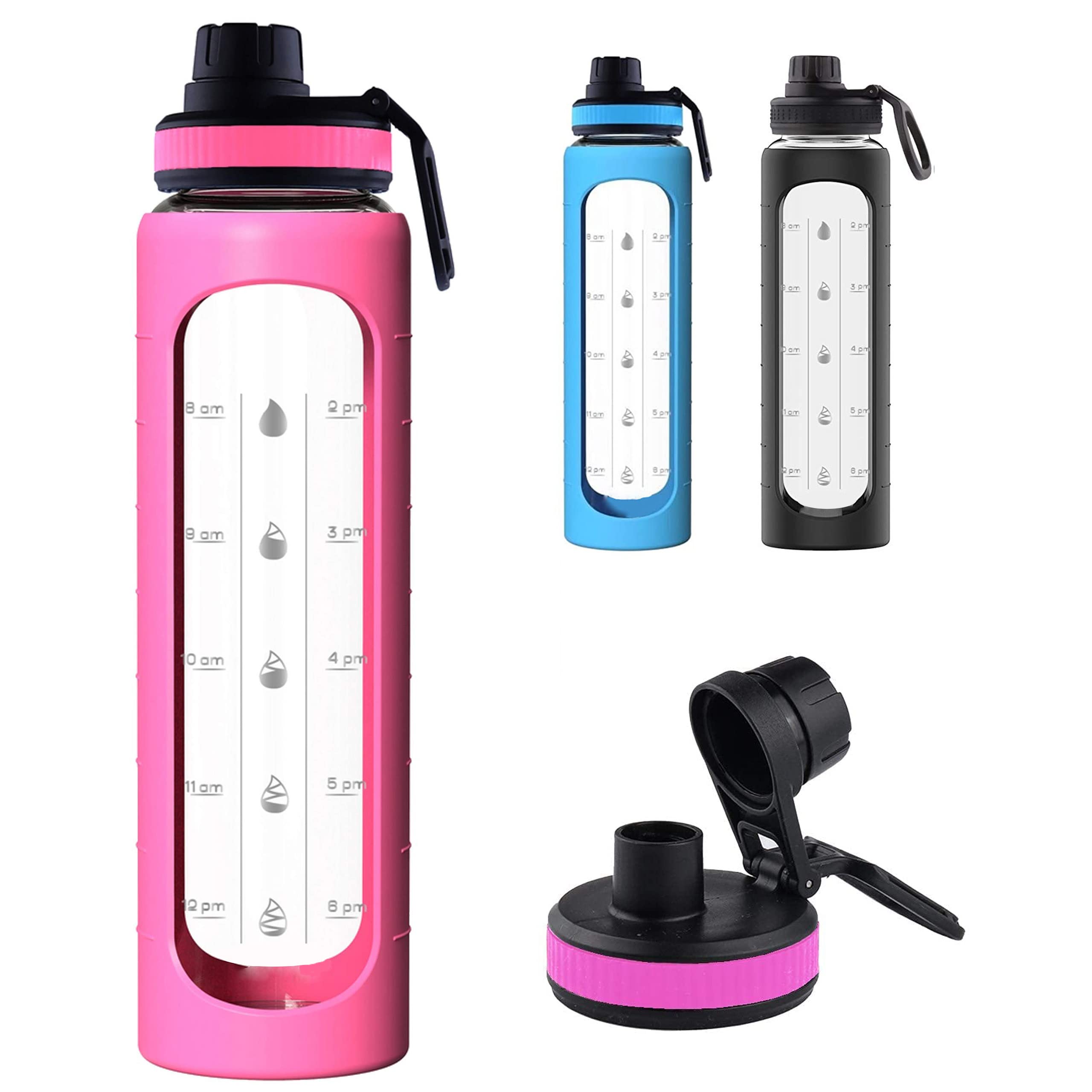 KASTWAVE32 oz Glass Water Bottle with Time Marks and Silicone Sleeve - Flip Lid, Motivational Water Bottles for Hydration, Reusable, Wide Mouth, Leakproof, 1 Liter Glass Drinking Bottle,BPA Free 1PCS