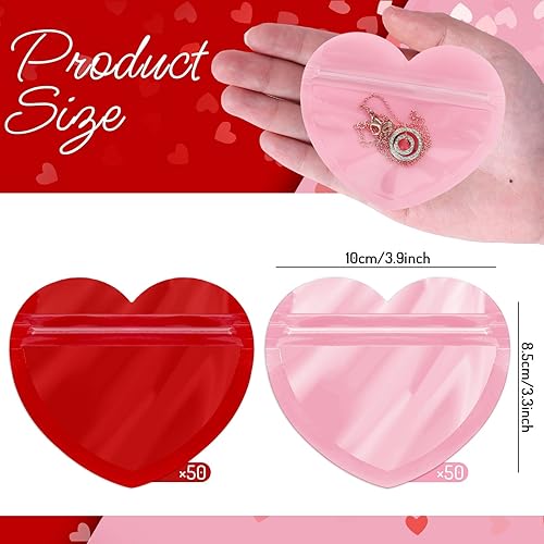 Miniatura 2 de JarThenaAMCS 100 bolsas de joyería en forma de corazón, corazón rojo y rosa, transparente, resellable, con cierre de cremallera, bolsas resellables,