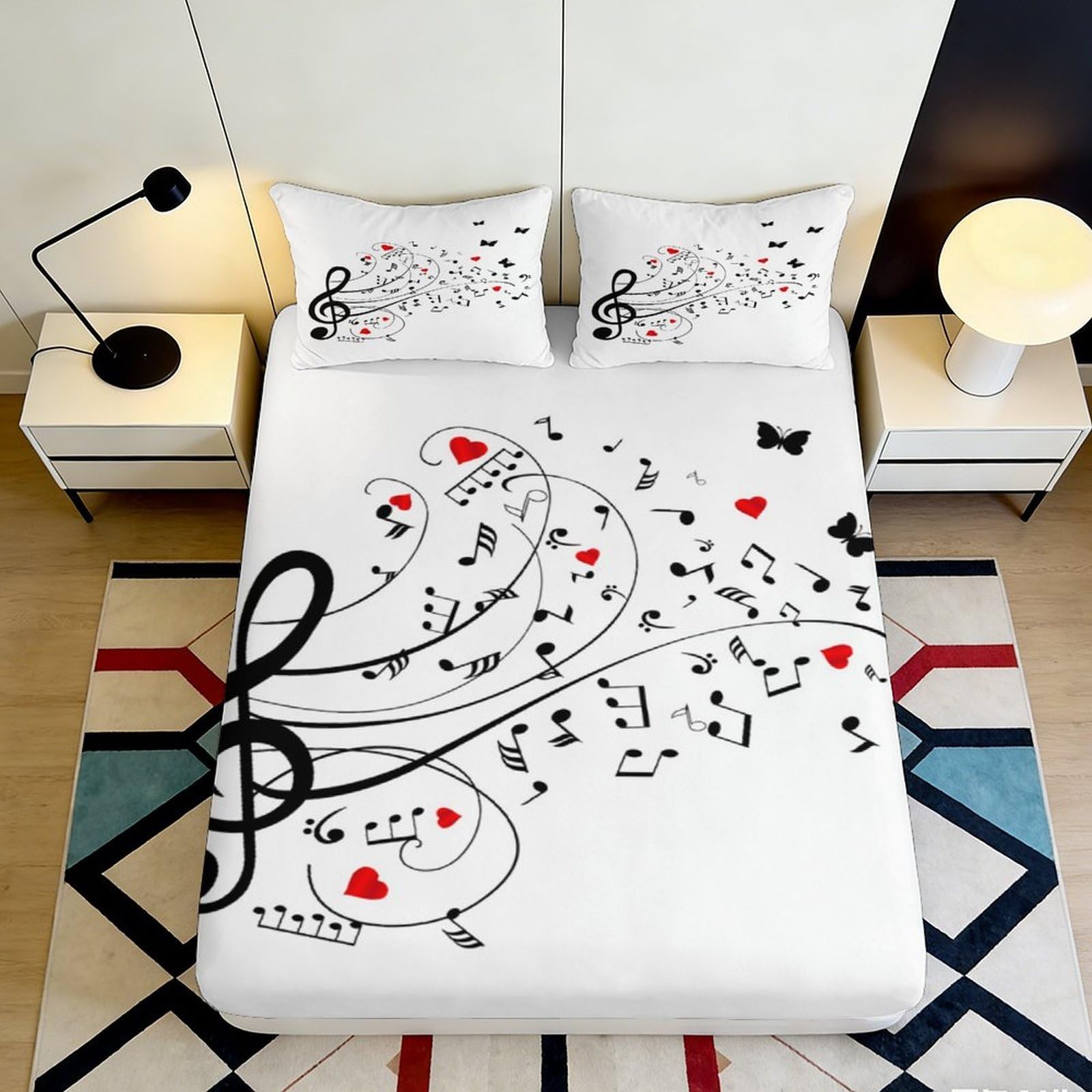 3D Printed Music Notes Fitted Sheet Microfiber Soft Heart Butterfly Bed Cover for Bedroom Guest Room Decor 160x200x25cm