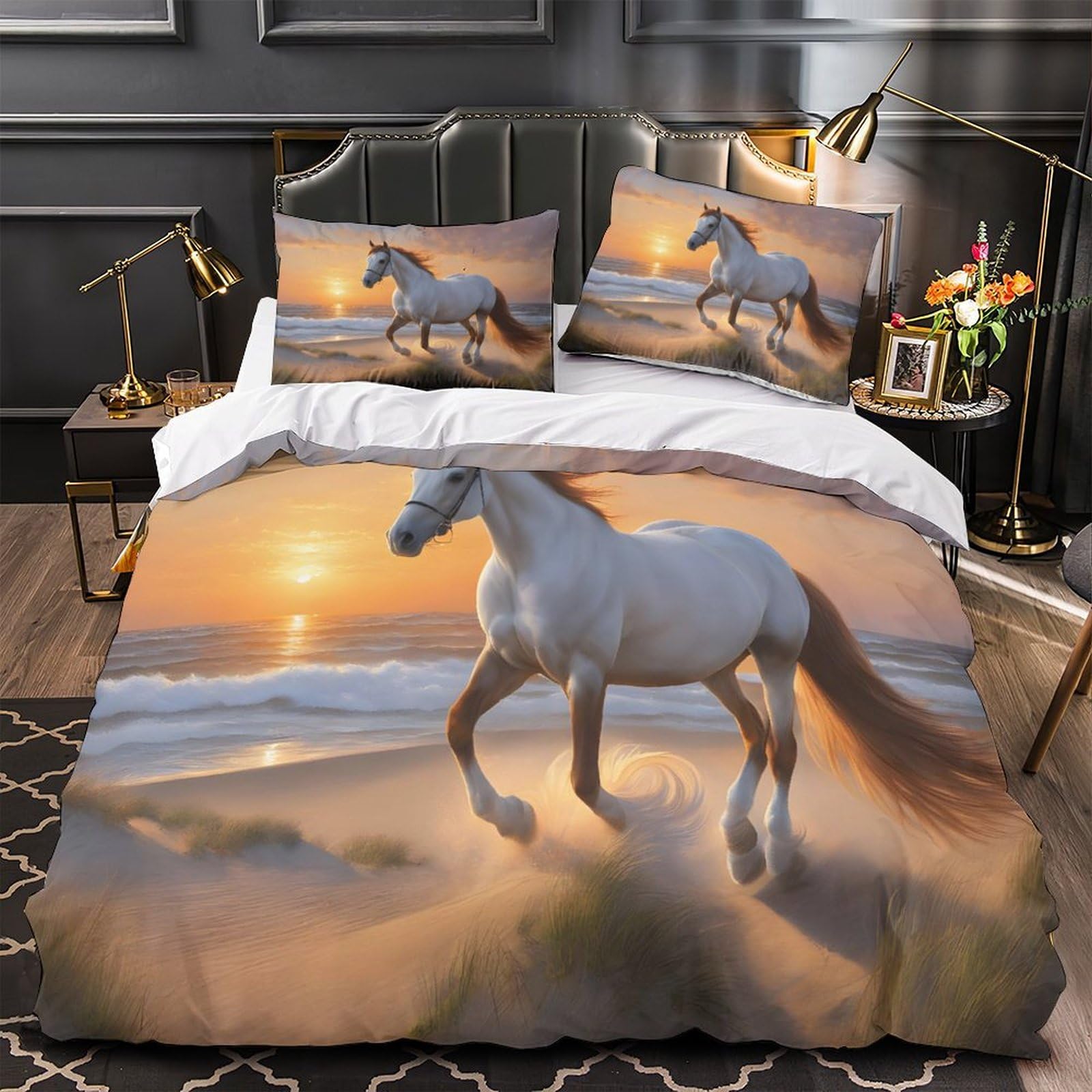 Housse de couette cheval galop 3 pièces microfibre 135x200 pour lit simple enfant