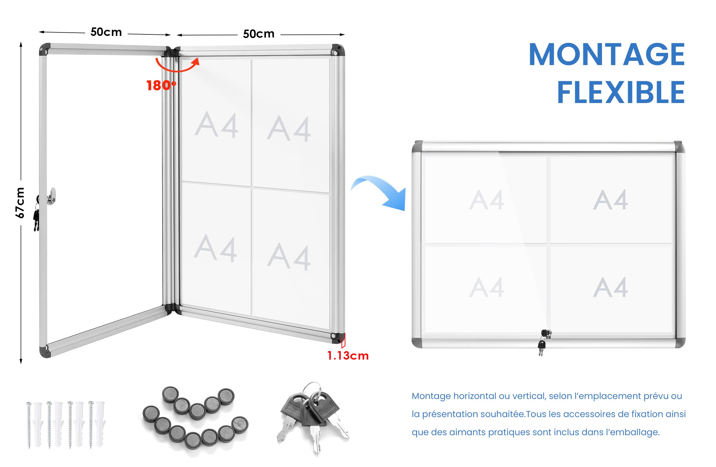 SWANCROWN Tableau affichage Mural, 4 x A4, Vitrine d’affichage avec serrure | Verrouillable, Intérieur, Magnétique, Dos du tableau blanc, Panneau d'affichage pour bureaux, restaurant, Magasin, 67x50cm
