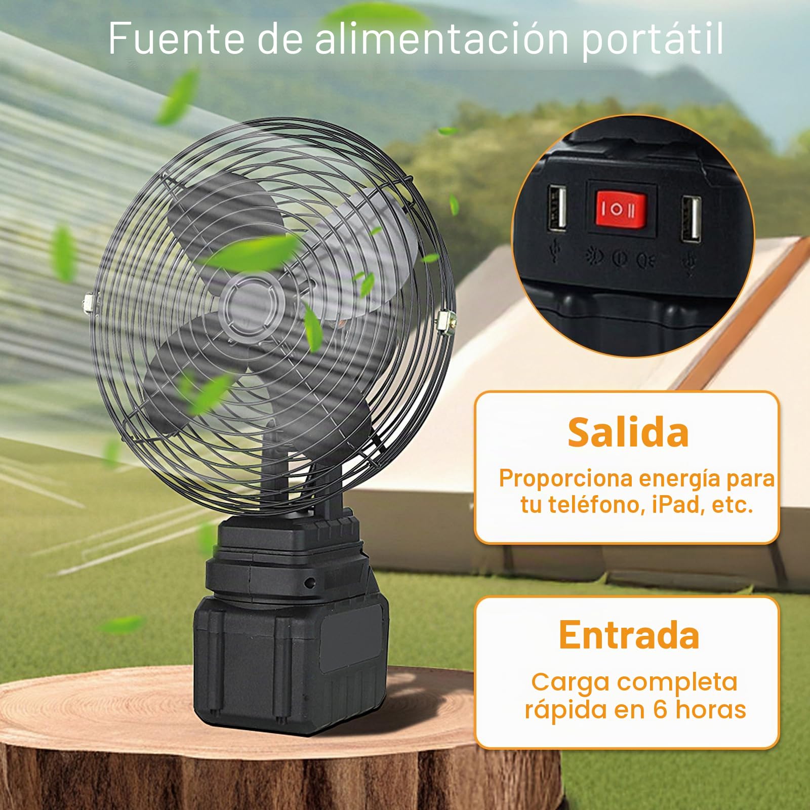 JIMACRO 2 Velocidades Ventilador Camping con 2 * 3000mAh Batería Recargable, Ventilador de Sobremesa, 12-15 Horas, Ventilador a Pilas Recargable para Biblioteca Oficina Picnic