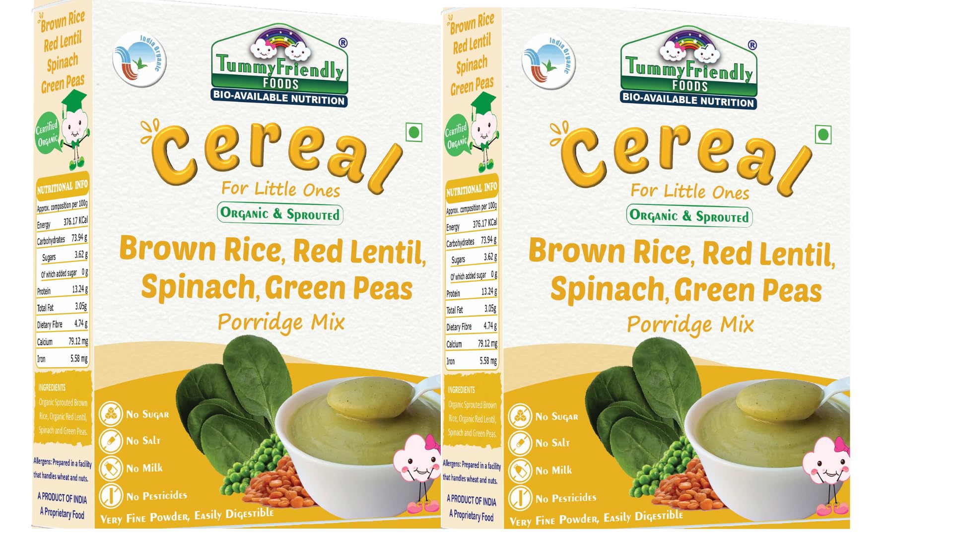 TUMMY FRIENDLY Foods Certified Organic Sprouted Brown Rice,Red Lentil,Spinach,Green Peas Porridge Mix|Khichdi Mix|Organic Baby Food For 8 Months Old|400G,(200G Each Pack)