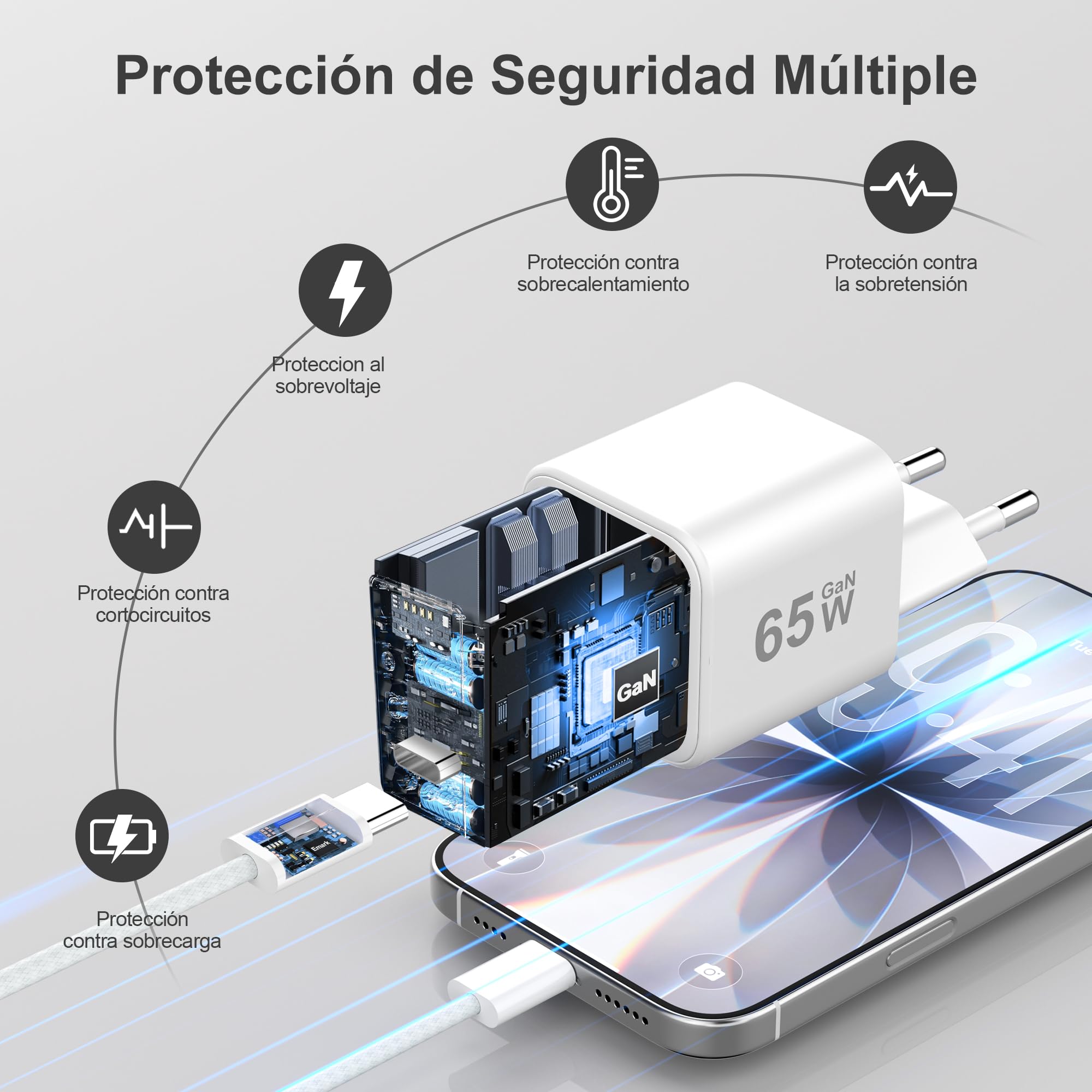 YISH 65W Cargador USB C Carga Rapida：GAN Enchufe Tipo C Cargador PD Cabezal Compatible con iPhone 17 16 15 Samsung S26 S25 S24 MacBook Cargador Movil Carga Rapida USB C Adaptador con 1M Cable Tipo C — view 6