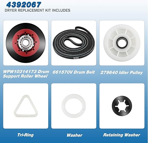 Miniatura 6 de (4392067 y W10837240 + 279640), incluye rodillo de tambor WPW10314173 y correa 661570V y 2 piezas de polea tensora 279640, kit de mantenimiento que