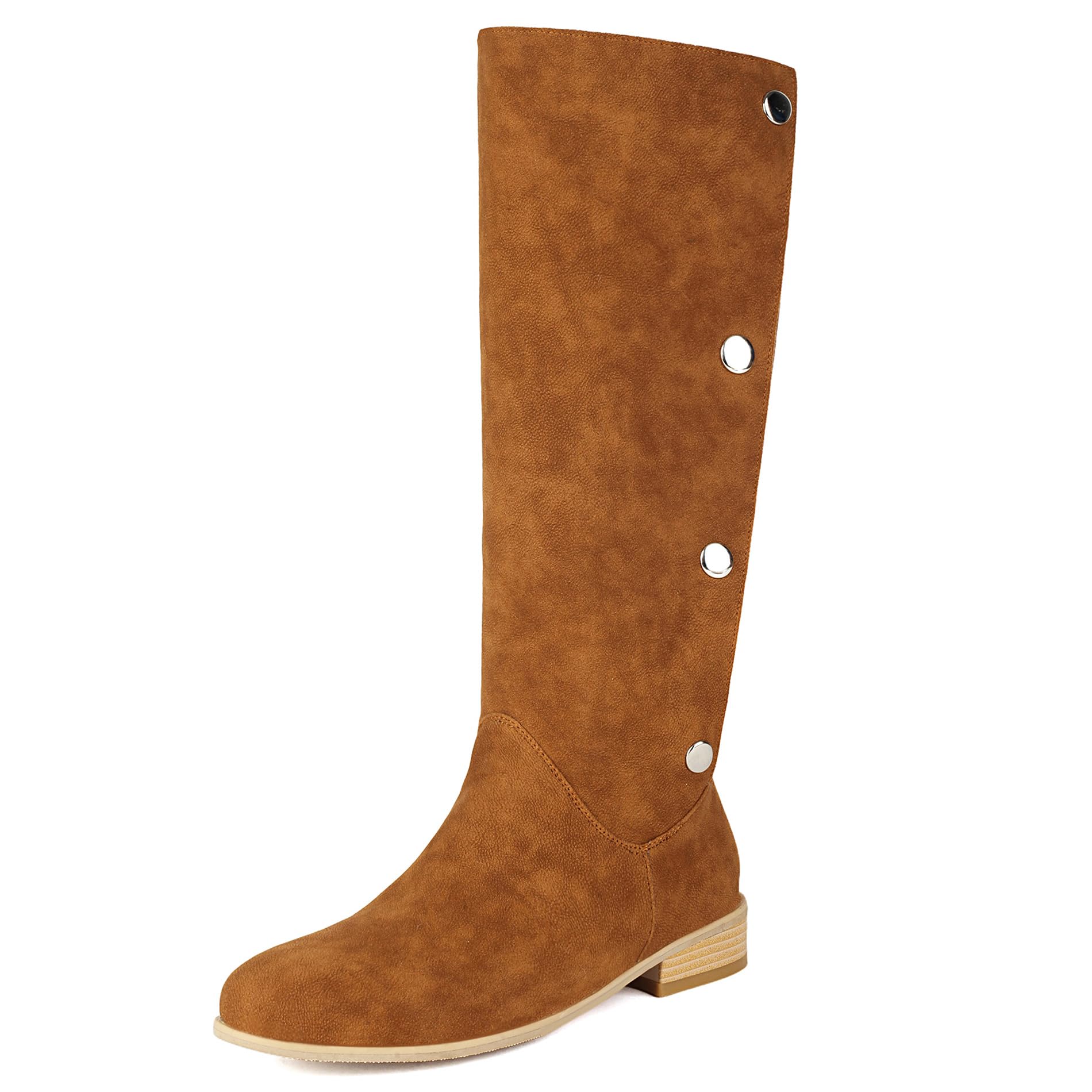Lizoleor Casual Round Toe Low Heel Buttons Women Knee Tall Boots