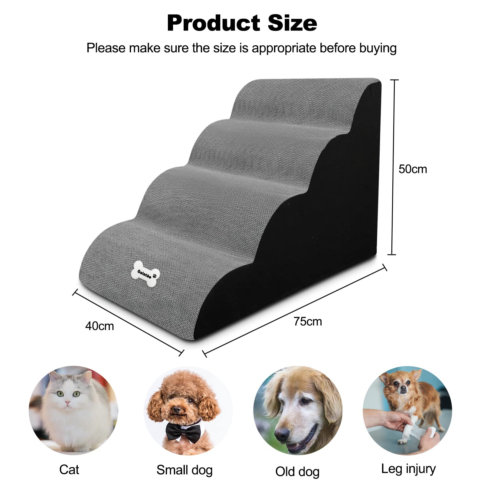 Galatée Escaleras Para Perros, Escaleras Para Mascotas De 4 Peldaños, Escalones Para Perros Para Sofá De Cama Alta Con Funda Lavable, Rampas Para Perros De Esponja De Alta Densidad(Negro)