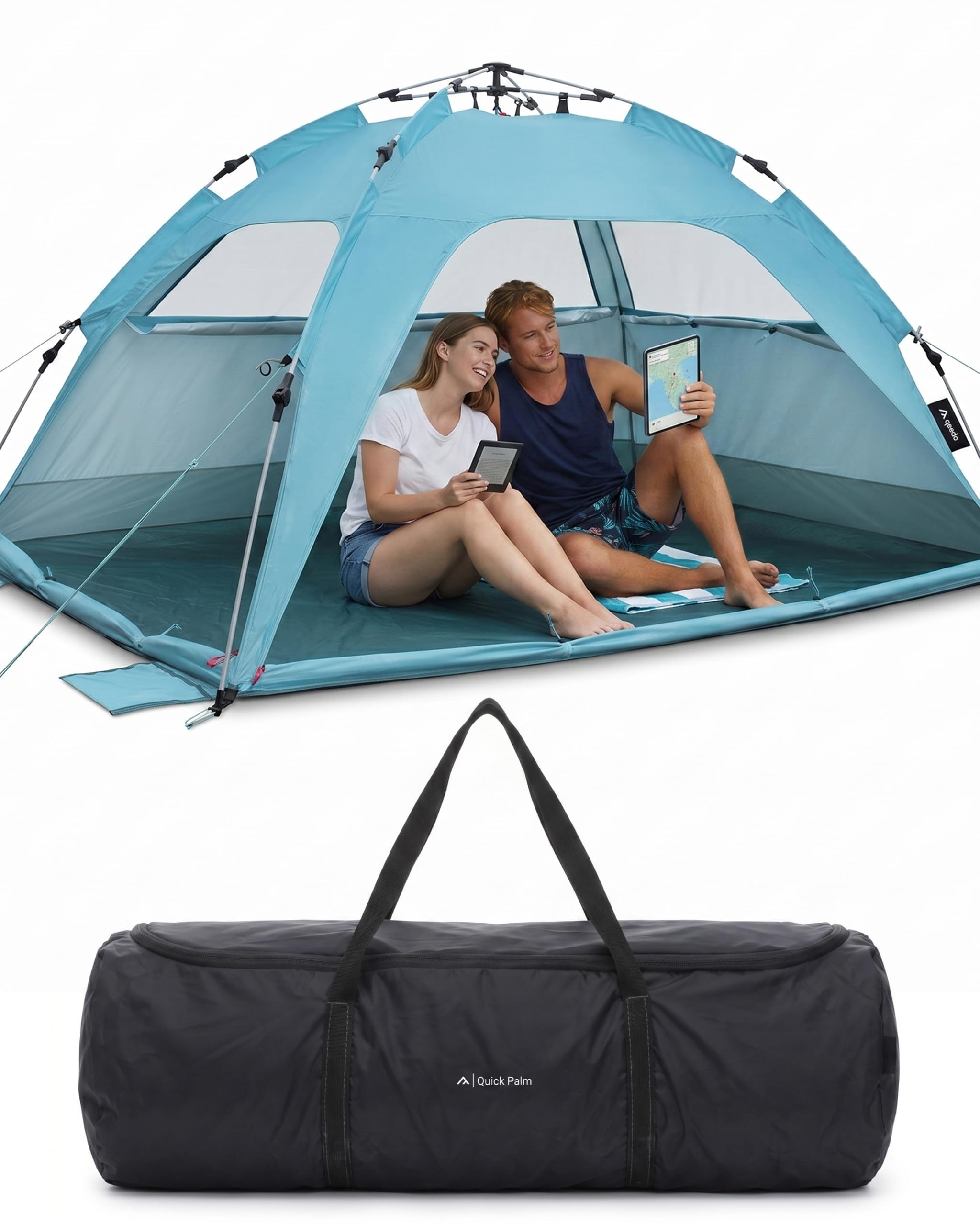 qeedo Quick Palm Strandmuschel für 2 Personen mit UV-Schutz 80+ und kleinem Packmaß - leichtes, schnell aufzubauendes Strandzelt