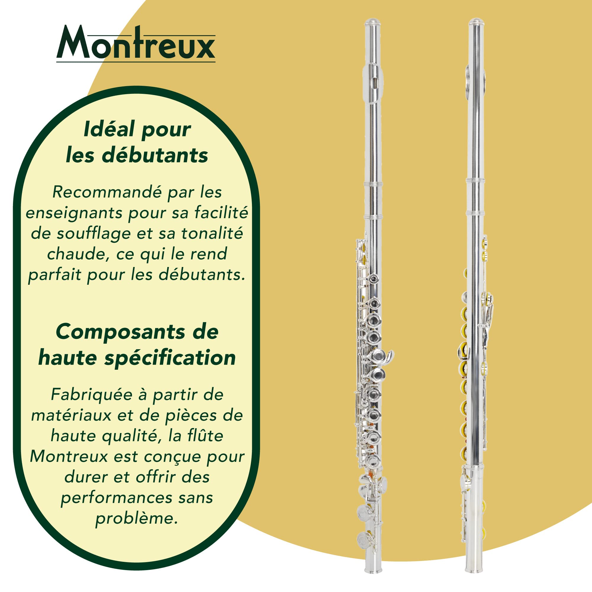 Montreux Flûte d'étude pour débutants avec étui de protection léger - Argenté, sol décalé, mécanisme en mi fendu, pied en do
