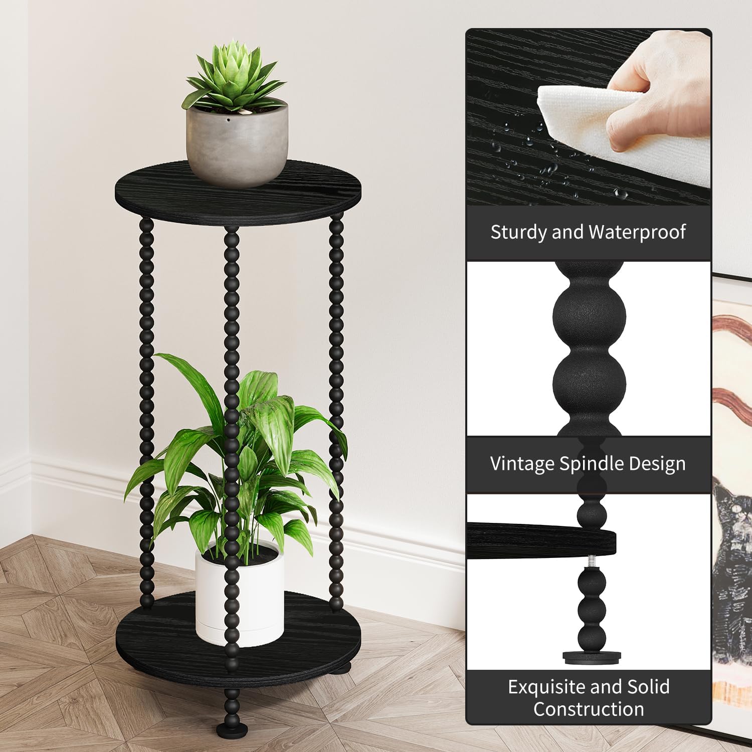 YINMIT Plant Stand Indoor, 2 Tier Small Plant Stand, 23" Tall Metal Spindle Poles Plant Stands, Corner Flower Pot Stand, Plant Tables Indoor, Planter Pot Holder for Balcony Garden Patio Living Room (Black)