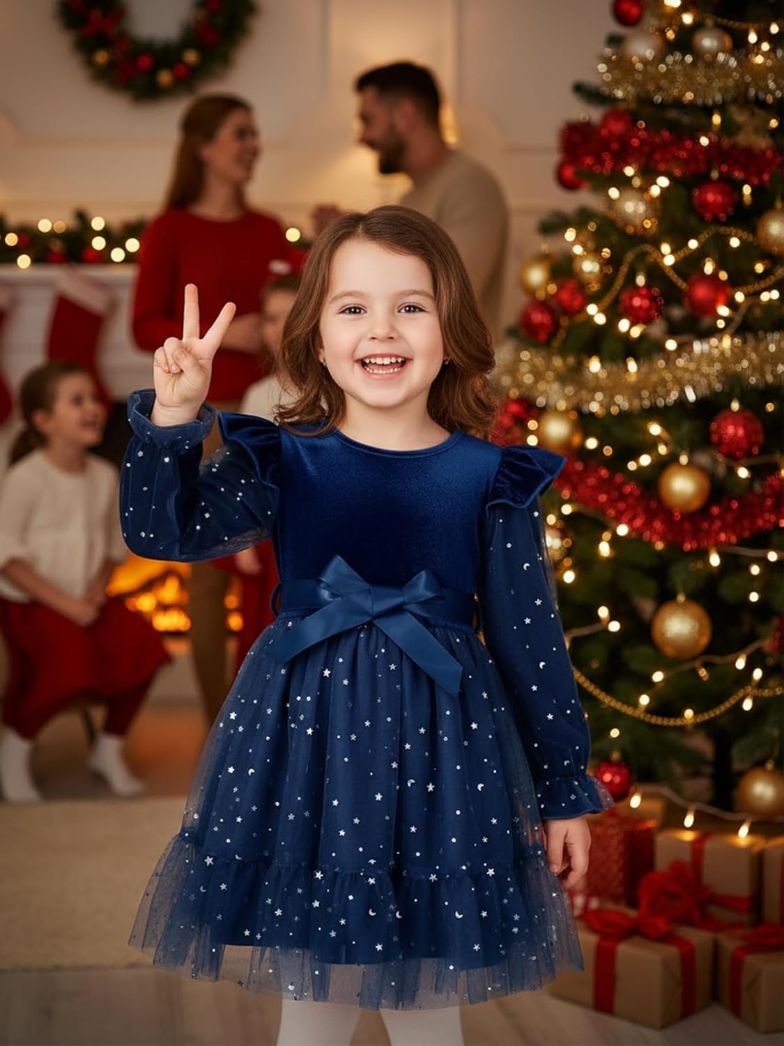 Hotfiary Toddler Girls Velvet Tulle Dress Little Girls Long Sleeve Ruffle Sequin Tutu Christmas Party Holiday Dress 2-7 Years - Image 4