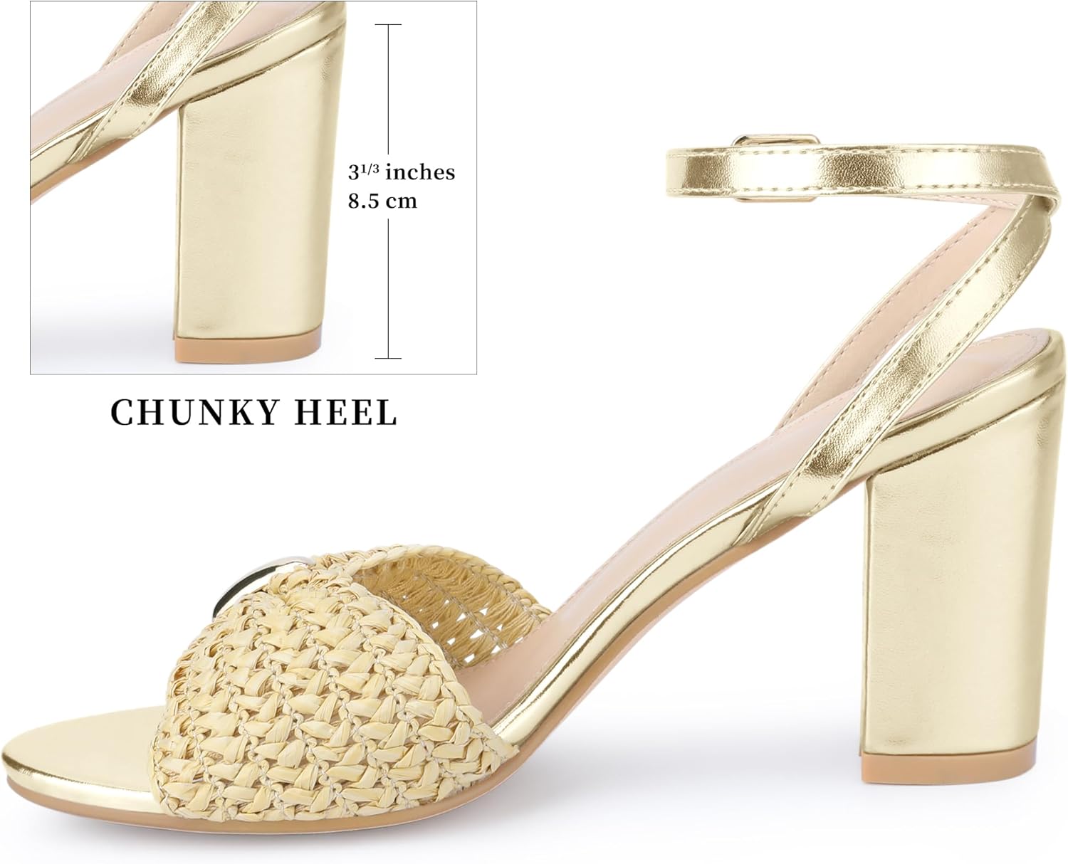 Perphy Raffia Open Toe High Heel Ankle Strap Chunky Heel Strappy Sandals for Women