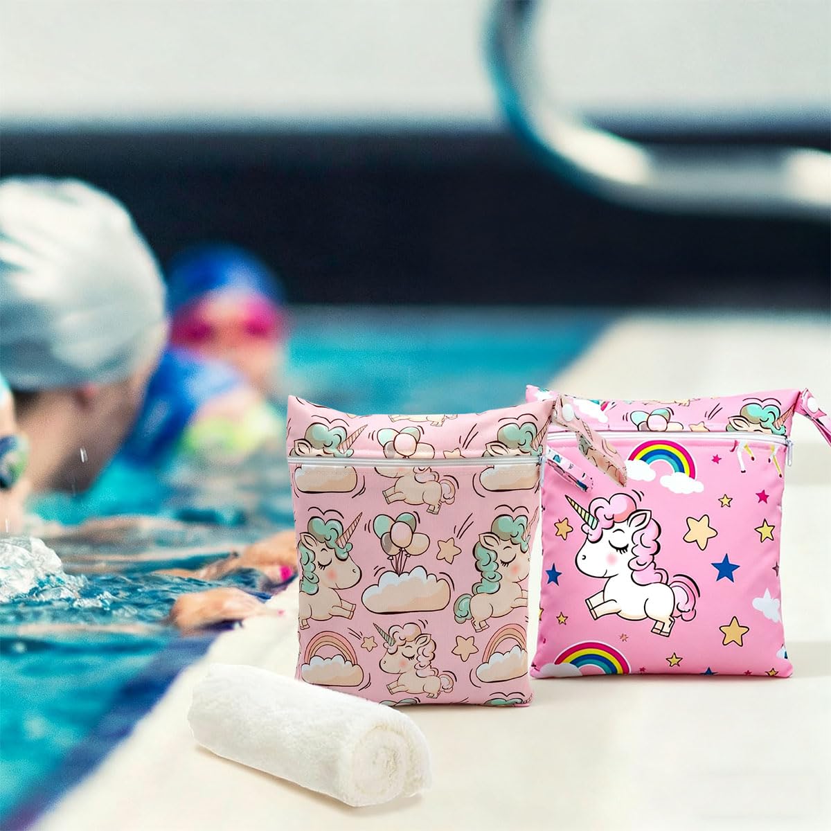 Wetbag Kindergarten 2 Stück, Nasstasche Rosa Einhorn, Wasserdichter Tragbar Beutel Windeltasche für Unterwegs, Wet Bag Klein Beutel für Nasse Badesachen, Wiederverwendbar Wickeltasche Organizer