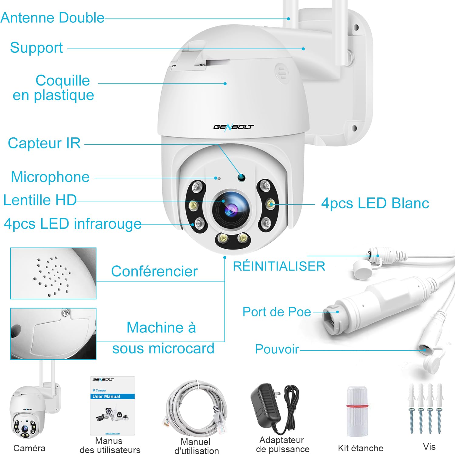 GENBOLT 2.5K WiFi Caméra de Surveillance Extérieure, CCTV IP Camera, DC&POE | 2.4&5GHz PoE, Détection Humaine, Vision Nocturne Couleur, Pan Tilt Suivi Automatique