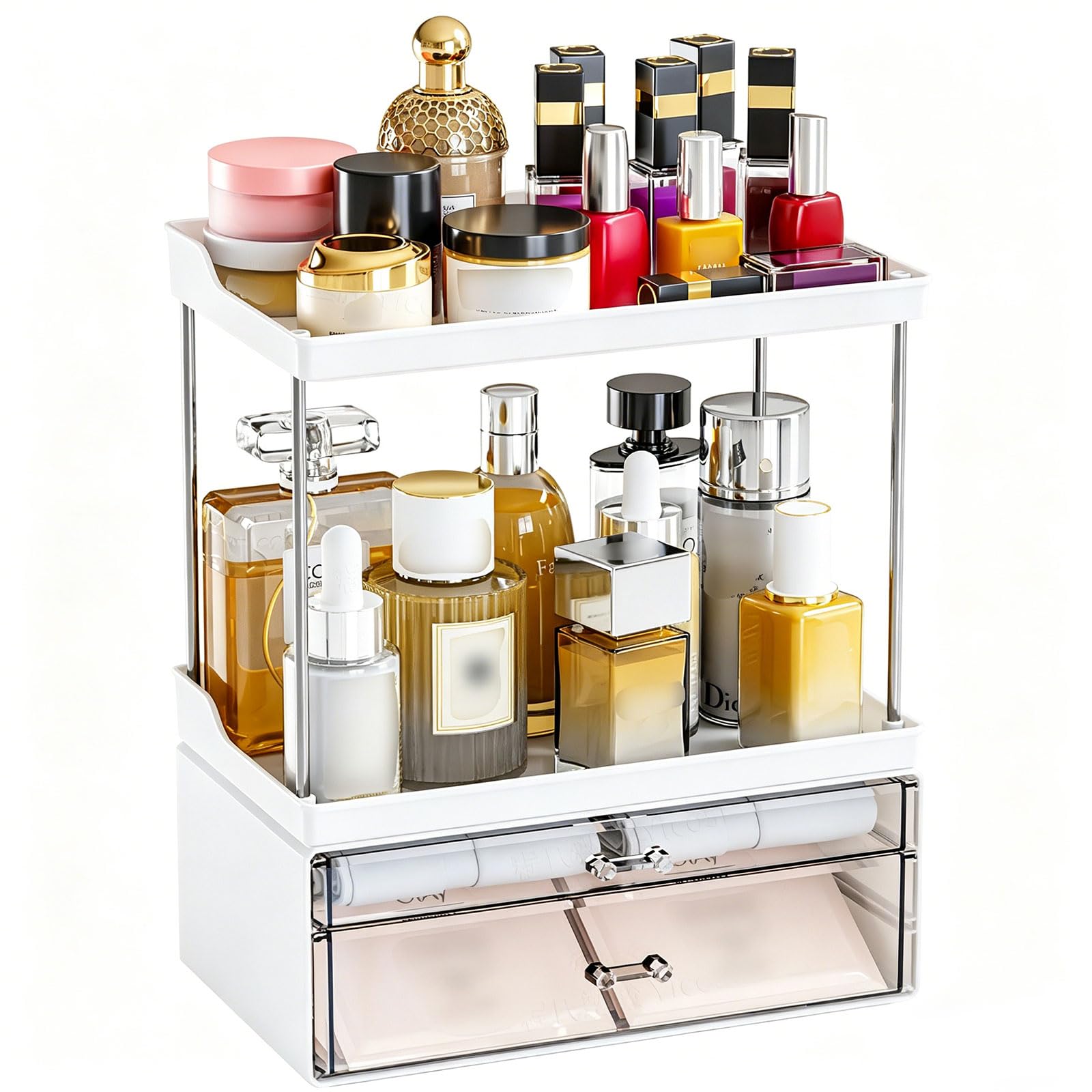 Makeup Organiser, Cosmetic Storage with 2 Tier Clear Drawers, SkinCare Organizers for Bathroom Countertop and Dresser Countertop, Cosmetic Display Cases for Large Skincare, Perfume, Lipsticks, Eyeshad