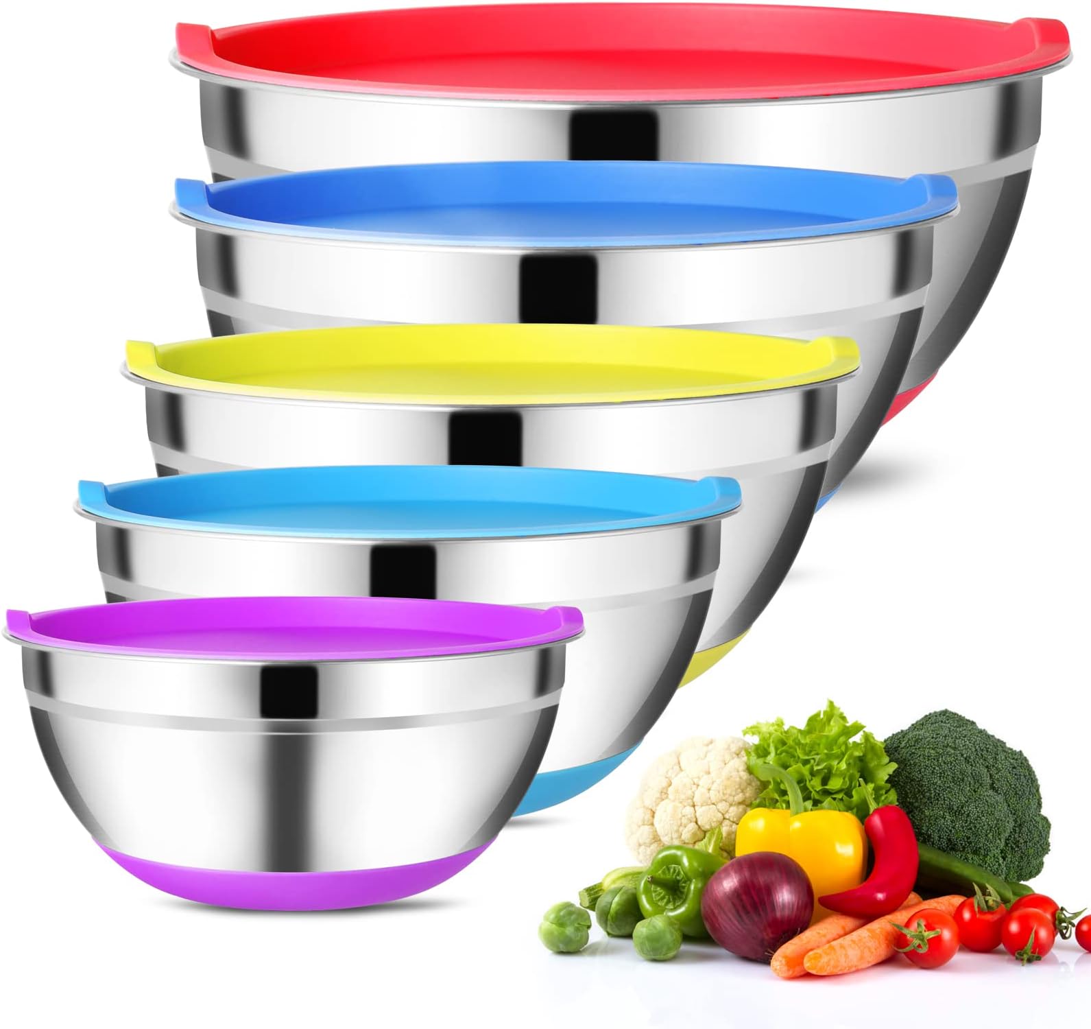 Hossejoy Mixing Bowls with Airtight Lids (Set of 5) Stainless Steel Salad Bowl Set, Non Slip Colorful Silicone Bottom Nesting Storage Bowls, Great for Mixing & Prepping 1.5-2.5-3-5-8 QT