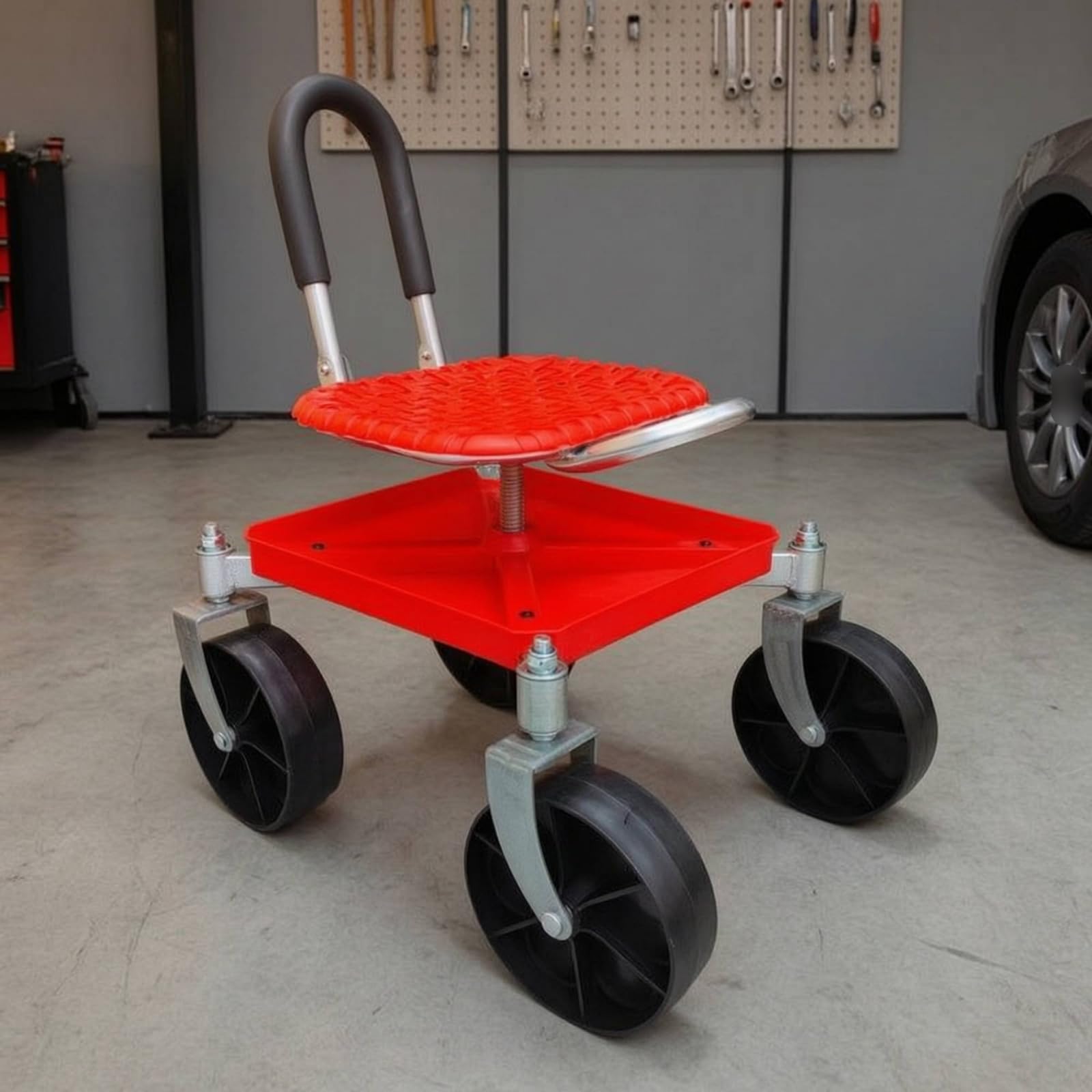 Sgabello con Ruote e Altezza Regolabile Ergonomico Sedia da Lavoro con Ruote Portatile Sedile da Giardino Girevole per Giardinieri, Anziani, Rosso