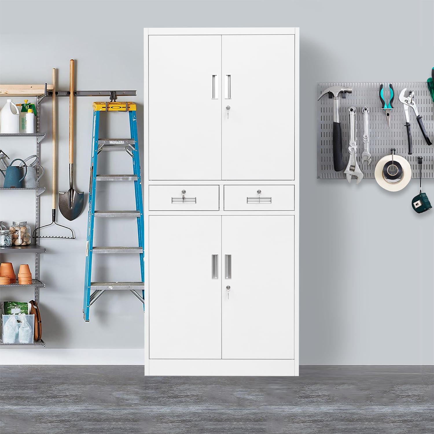 CJF Metal Storage Cabinet with Adjustable Shelves and Drawers, Locking Pantry Storage Cabinet for Office, Garage, Home, School, Utility (White)