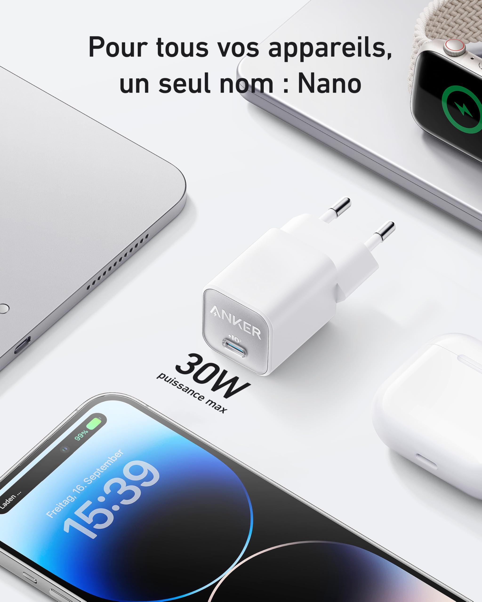 Anker Chargeur iPhone USB C 30 W (Nano3 511), GaN PIQ 3.0 PPS, Compatible avec IPhone 17 Plus/iPhone 17 Pro Max/16/15/14/13/13, Galaxy, Pixel 4/3, iPad (câble Non Inclus)
