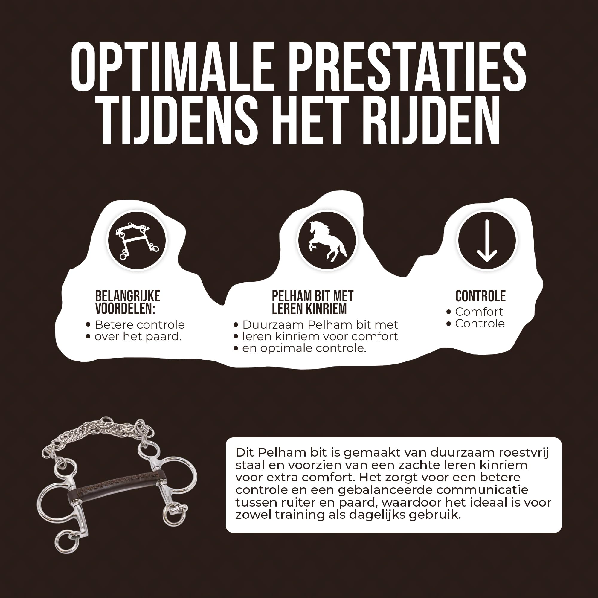 Pelham Gebiss 115 mm - Premium Braun Leder Gebiss für Pferd mit stabilen Metallringen und Kinnkette - Gerades Mundstück für Komfortables Reiten - Reitausrüstung für Reitpferd